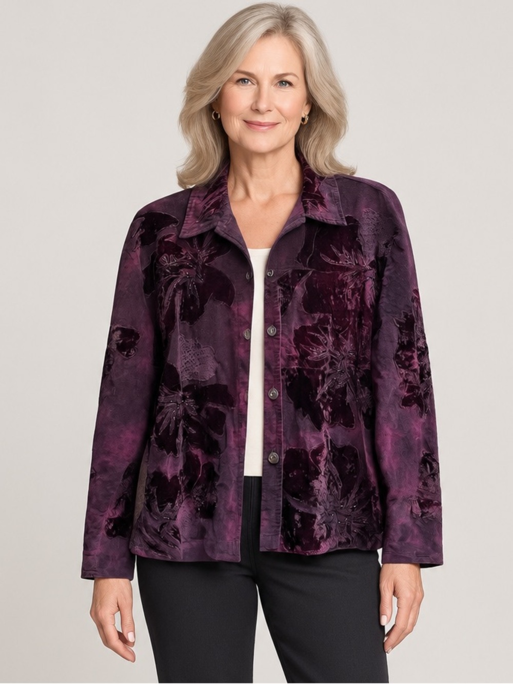 Vintage Chico's Velvet Appliqué Jacket burgundy deep purple floral beaded 3